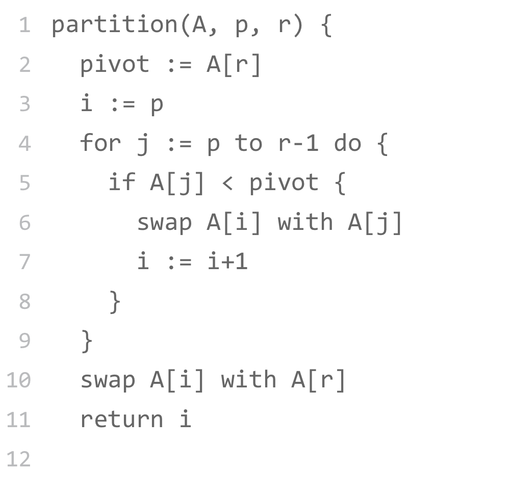 快速排序原地分区函数伪代码示例